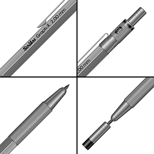 Scrikss 2.0mm Mechanical Clutch Lead Pen Pencil Satin Grey Brass Body Push Mechanism Graph-X Series Mini Removable Sharpener - Image 3