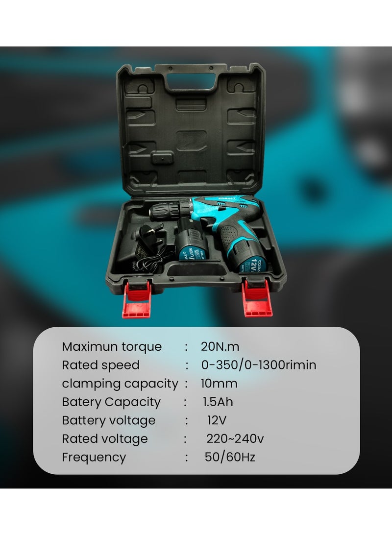COBALT 12V Cordless Electric Screwdriver Drill Kit with 2 Batteries & Charger 18-Speed Torque, 2 Variable Speed, 1500mAh Lithium Battery, LED, 10mm Chuck, 220-240V - Image 2