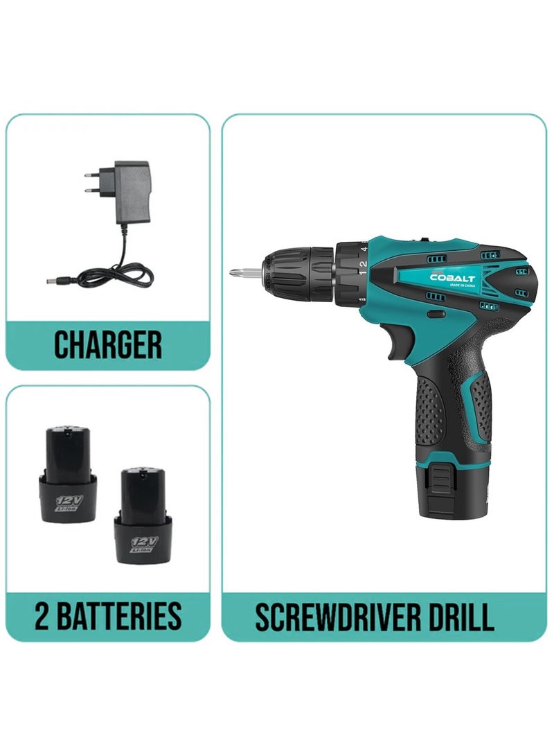 COBALT 12V Cordless Electric Screwdriver Drill Kit with 2 Batteries & Charger 18-Speed Torque, 2 Variable Speed, 1500mAh Lithium Battery, LED, 10mm Chuck, 220-240V - Image 4