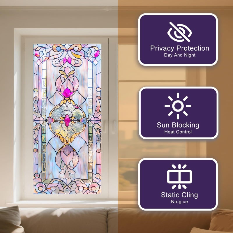 IVN Stained Glass Window Film 17.7x39.3 inch Purple Diamond Window Privacy Film Stained Decals Static Cling Sun Blocking Decor for Home Office Windows Door Glass Partitions - Image 2