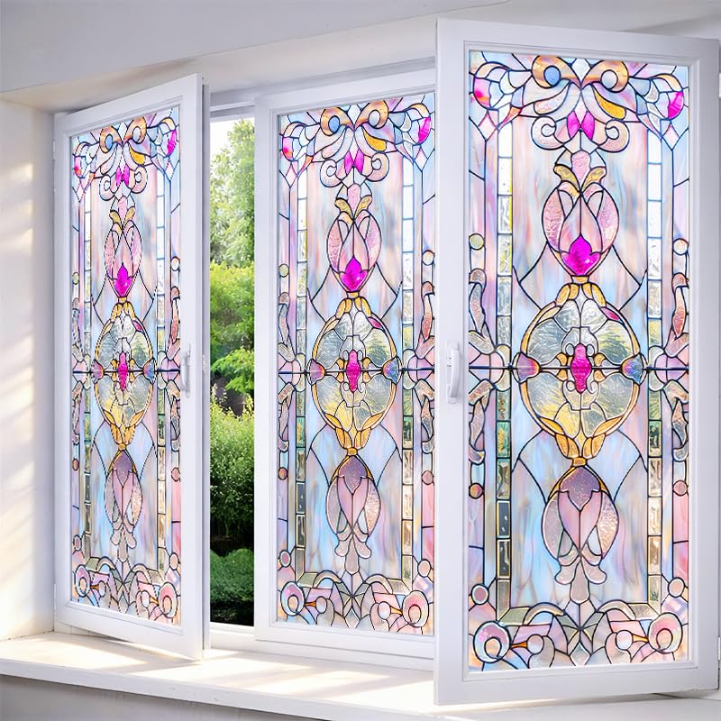 IVN Stained Glass Window Film 17.7x39.3 inch Purple Diamond Window Privacy Film Stained Decals Static Cling Sun Blocking Decor for Home Office Windows Door Glass Partitions - Image 1
