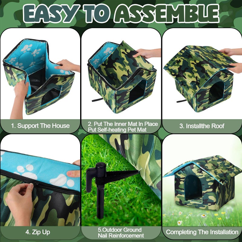 Siltriangle Outdoor Cat House Weatherproof Insulated Feral Cat Shelter Self Heating Pet House with Self Warming Pad Blanket Stake Winter Camouflage Collapsible Pet Shelter 14" x 13" x 12" (S Size) - Image 4