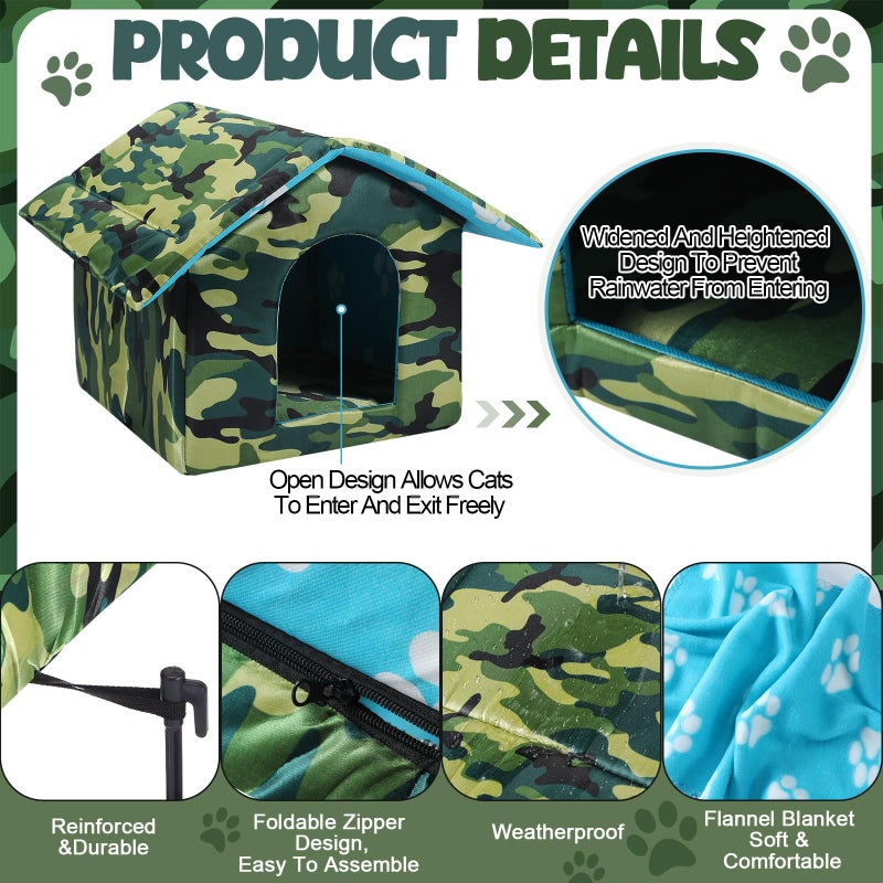 Siltriangle Outdoor Cat House Weatherproof Insulated Feral Cat Shelter Self Heating Pet House with Self Warming Pad Blanket Stake Winter Camouflage Collapsible Pet Shelter 14" x 13" x 12" (S Size) - Image 3