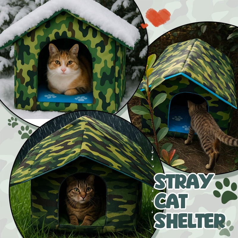 Siltriangle Outdoor Cat House Weatherproof Insulated Feral Cat Shelter Self Heating Pet House with Self Warming Pad Blanket Stake Winter Camouflage Collapsible Pet Shelter 14" x 13" x 12" (S Size) - Image 5