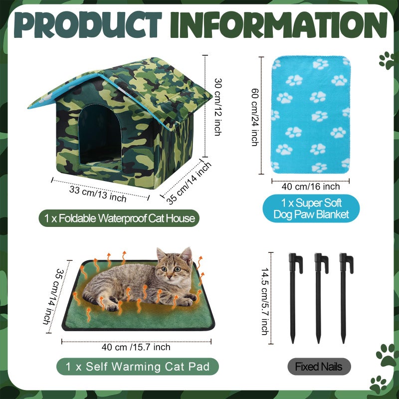 Siltriangle Outdoor Cat House Weatherproof Insulated Feral Cat Shelter Self Heating Pet House with Self Warming Pad Blanket Stake Winter Camouflage Collapsible Pet Shelter 14" x 13" x 12" (S Size) - Image 2