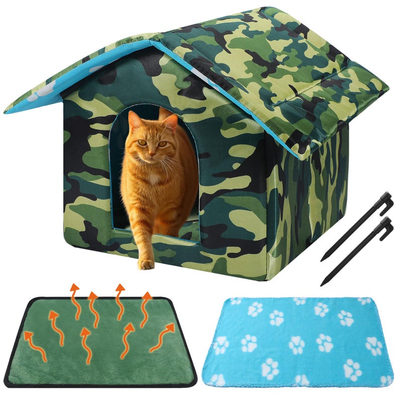 Siltriangle Outdoor Cat House Weatherproof Insulated Feral Cat Shelter Self Heating Pet House with Self Warming Pad Blanket Stake Winter Camouflage Collapsible Pet Shelter 14" x 13" x 12" (S Size) - Image 1