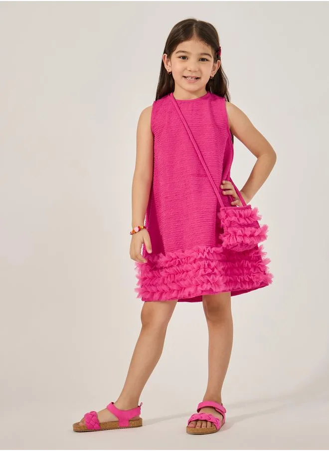 Styli Styli Textured Sleeveless Mesh Hem Dress with Bag