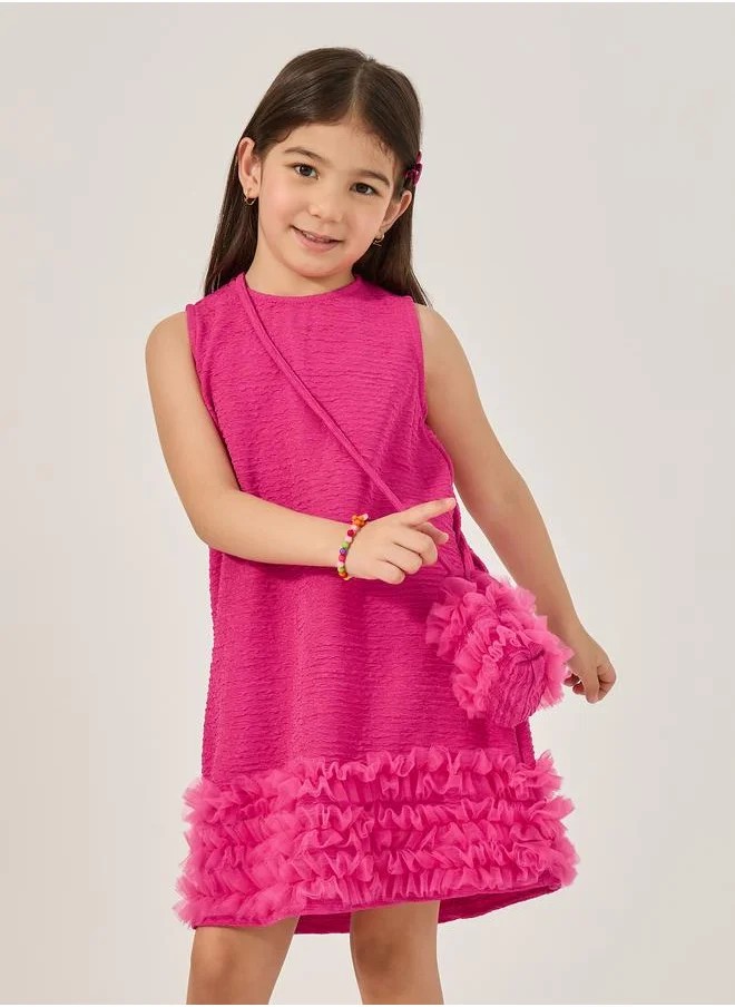 Styli Styli Textured Sleeveless Mesh Hem Dress with Bag