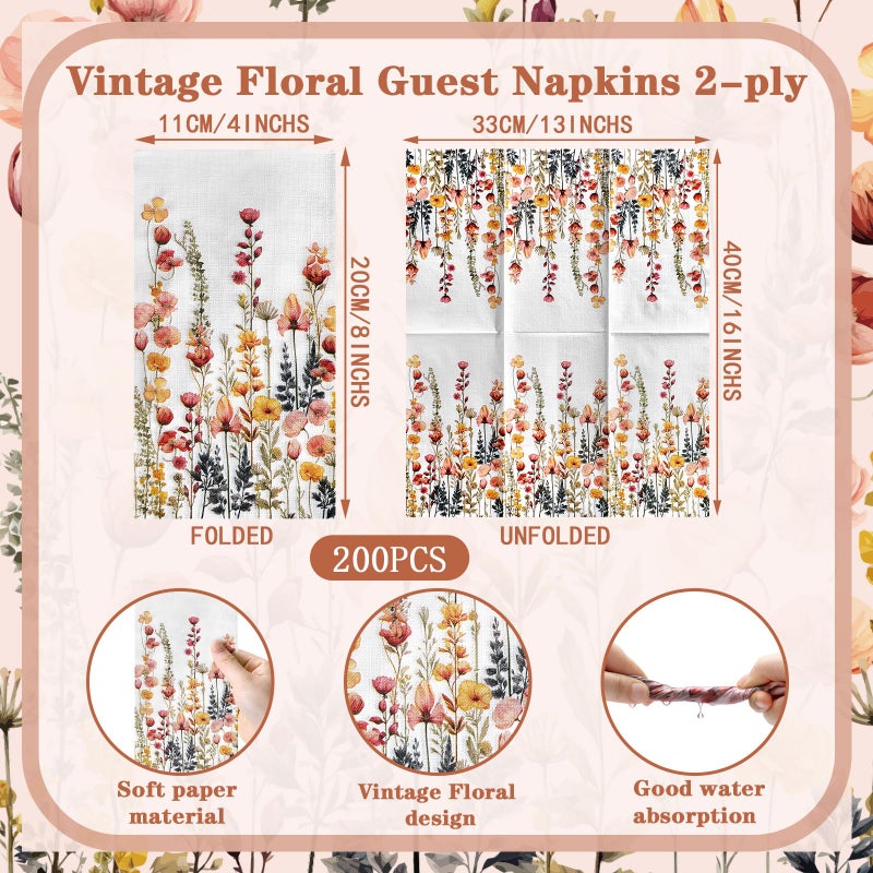 Seajan 200 Pcs Spring Flowers Paper Guest Napkins Disposable Hand Towels for Bathroom Paper Disposable Guest Towels Napkins for Spring and Summer Wedding Bathroom Birthday Dinner Party - Image 3