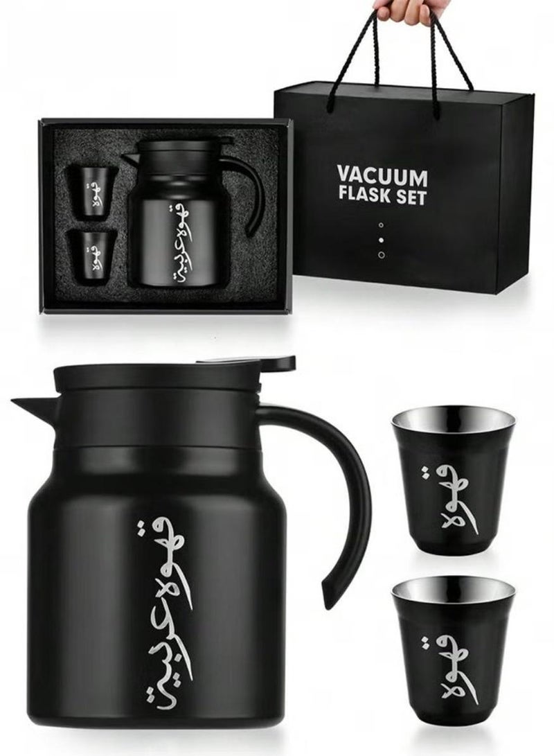1000ml Coffee pot and 80ml coffee cup set,  Stainless Steel Pour-Over Kettle, Insulated Thermos for Hot & Cold Water, perfect as a business opening gift, holiday gift, or National Day gift, Black - Image 1