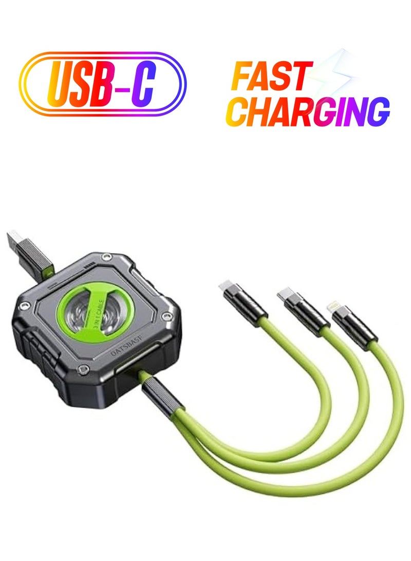 Oatsbasf Upgraded Multi Charging Cable, 3 in 1 Retractable USB Charging Cable with Type C, Micro USB, Phone Port, Mech Style Multiple Fast Charger Cord for Phone 15 14 13 12 11 XS XR(4ft/Green) - Image 1