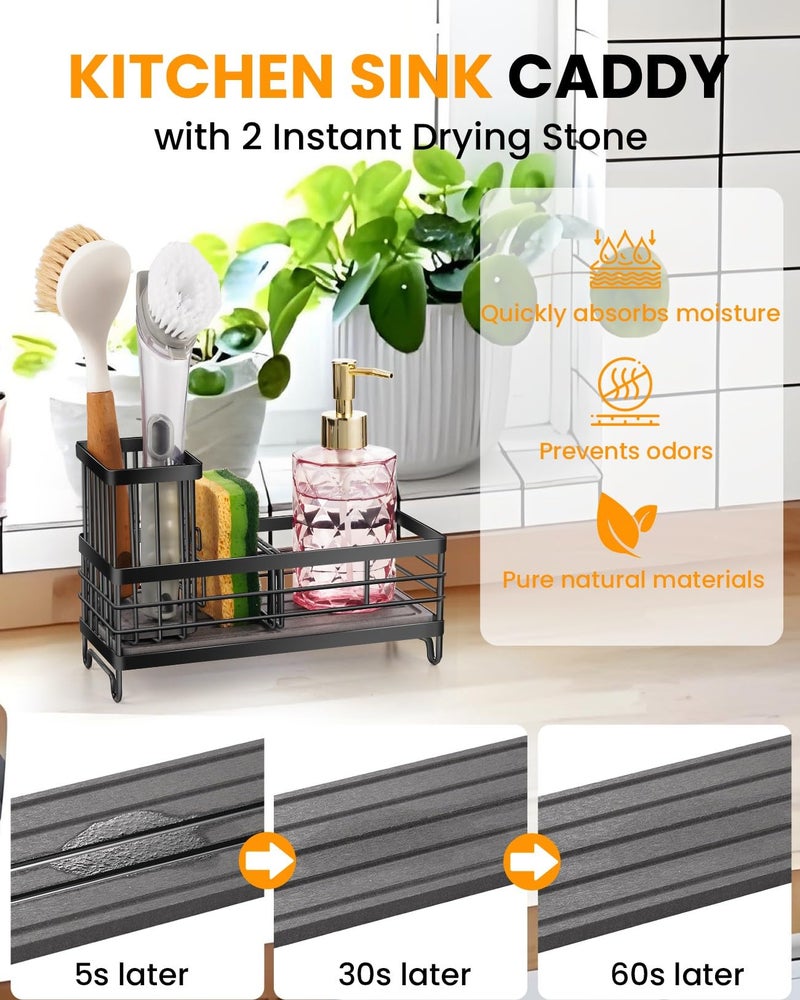 ARTLEO Kitchen Sink Caddy with Water Absorbent Diatomite Stone Sink Tray, Fast Drying Sink Organizer with High Dish Brush Holder Sponge Holder for Kitchen Sink, Stainless Steel - Image 2