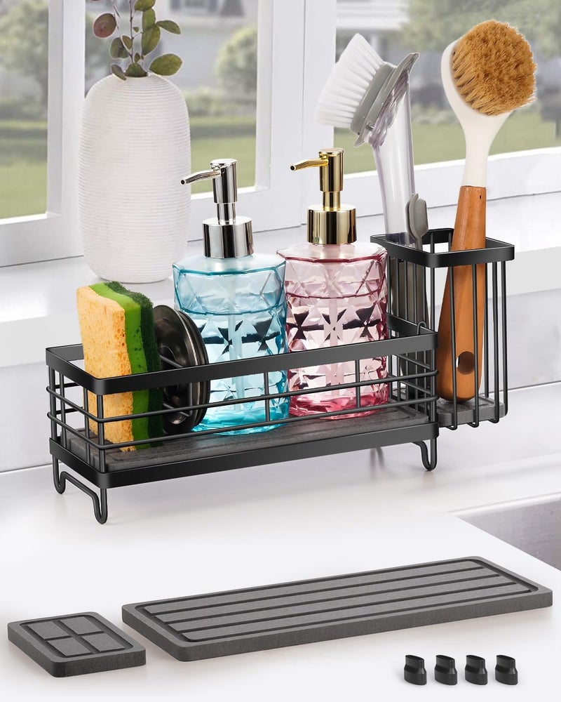ARTLEO Kitchen Sink Caddy with Water Absorbent Diatomite Stone Sink Tray, Fast Drying Sink Organizer with High Dish Brush Holder Sponge Holder for Kitchen Sink, Stainless Steel - Image 1