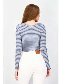 Don't Call Me Jennyfer Women Round Neck Long Sleeves Knitted Stripe Top, Grey Combo  - Image 2