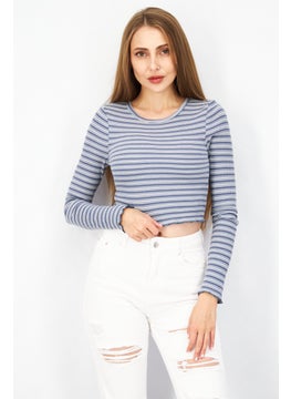 Don't Call Me Jennyfer Women Round Neck Long Sleeves Knitted Stripe Top, Grey Combo  - Image 1