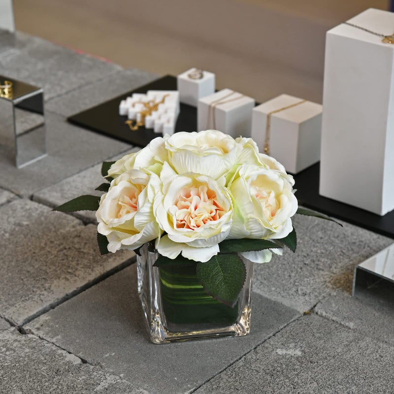 GreenHouzz Artificial Peony Silk Flower Centerpieces Faux Floral Arrangement in Glass Vase for Home Wedding Table Decoration (Champagne) - Image 4