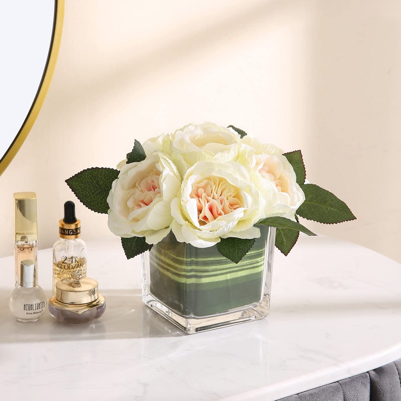 GreenHouzz Artificial Peony Silk Flower Centerpieces Faux Floral Arrangement in Glass Vase for Home Wedding Table Decoration (Champagne) - Image 3
