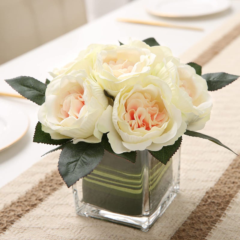 GreenHouzz Artificial Peony Silk Flower Centerpieces Faux Floral Arrangement in Glass Vase for Home Wedding Table Decoration (Champagne) - Image 1