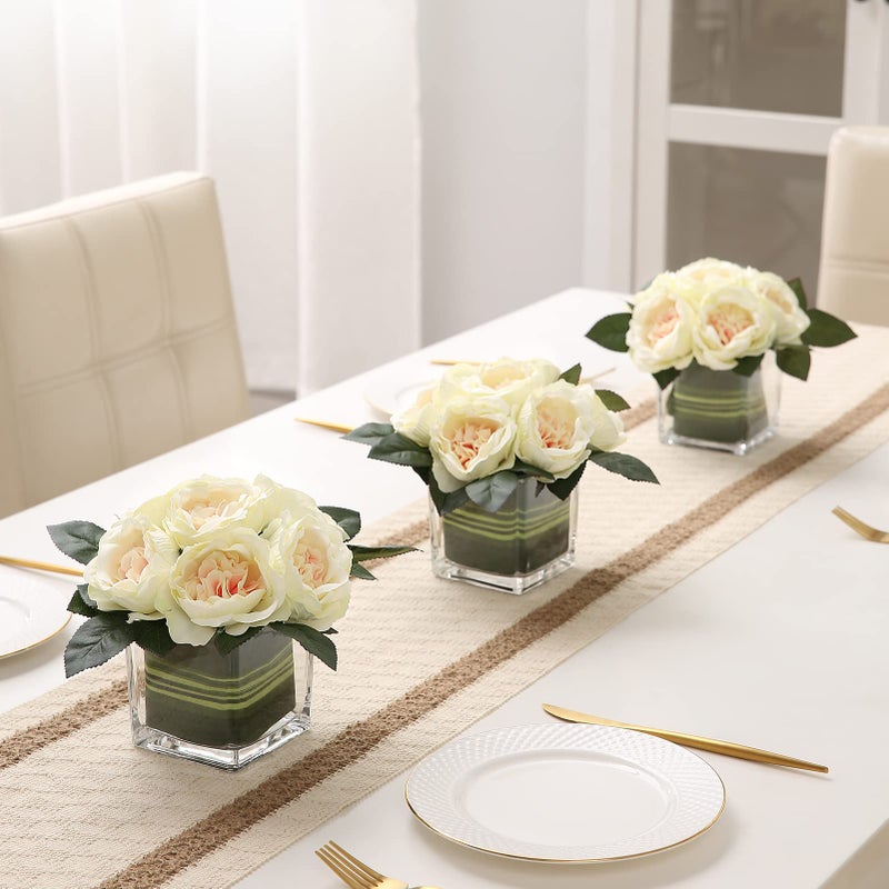 GreenHouzz Artificial Peony Silk Flower Centerpieces Faux Floral Arrangement in Glass Vase for Home Wedding Table Decoration (Champagne) - Image 2