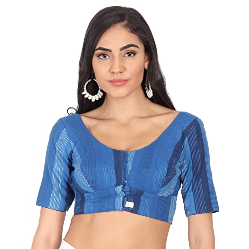 JISB Women's Cotton Geometric Half Sleeve Blouse (JISB00612_Blue_44) - Image 1