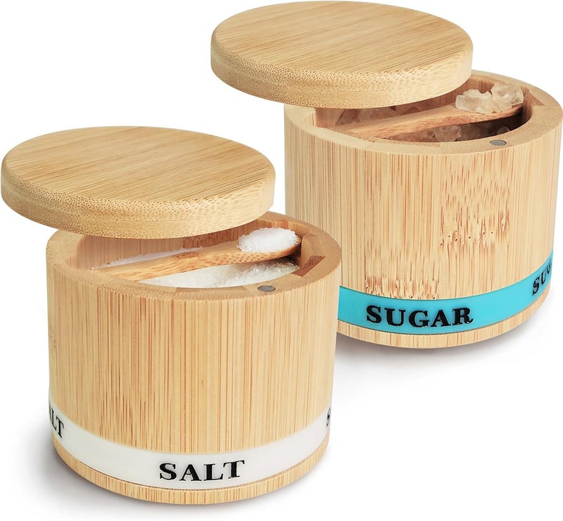 ThougrLyh Salt Box 2Pcs Spice Cellar with Swivel Lid and Spoons Small Bamboo Sugar and Salt Containers with Salt Sugar Labels,Dual 8 oz Capacity Holder for Seasoning and Small Items - Image 1