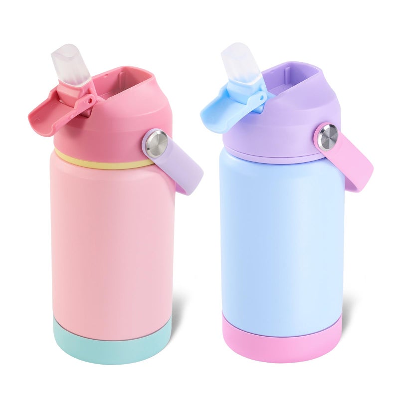Kerilyn 12oz Kids Water Bottle 2 Pack, Stainless Steel Insulated Water Bottle Bulk, Toddler Cups with Straws Leak-Proof, Kids Water Bottles for School Boys Girls, Cerulean + Charm Pink 2 Piece Set - Image 1