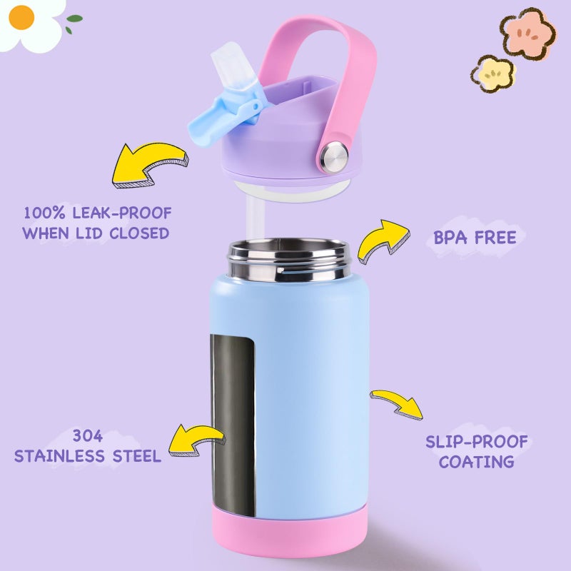 Kerilyn 12oz Kids Water Bottle 2 Pack, Stainless Steel Insulated Water Bottle Bulk, Toddler Cups with Straws Leak-Proof, Kids Water Bottles for School Boys Girls, Cerulean + Charm Pink 2 Piece Set - Image 2