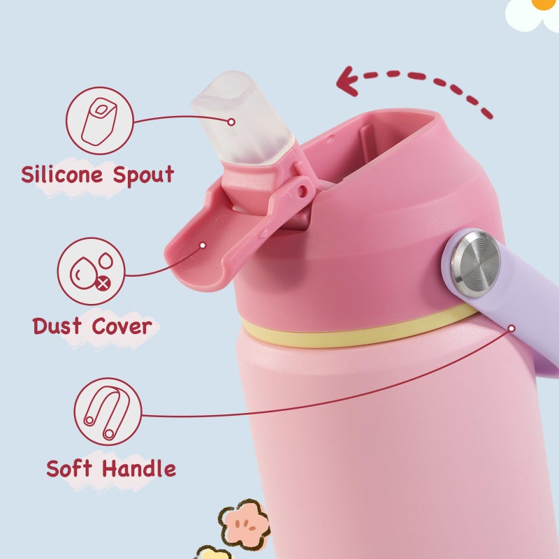 Kerilyn 12oz Kids Water Bottle 2 Pack, Stainless Steel Insulated Water Bottle Bulk, Toddler Cups with Straws Leak-Proof, Kids Water Bottles for School Boys Girls, Cerulean + Charm Pink 2 Piece Set - Image 3