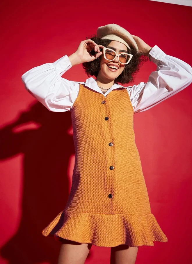 SASSAFRAS Orange Puff Sleeves Shirt Style Mini Dress for Women