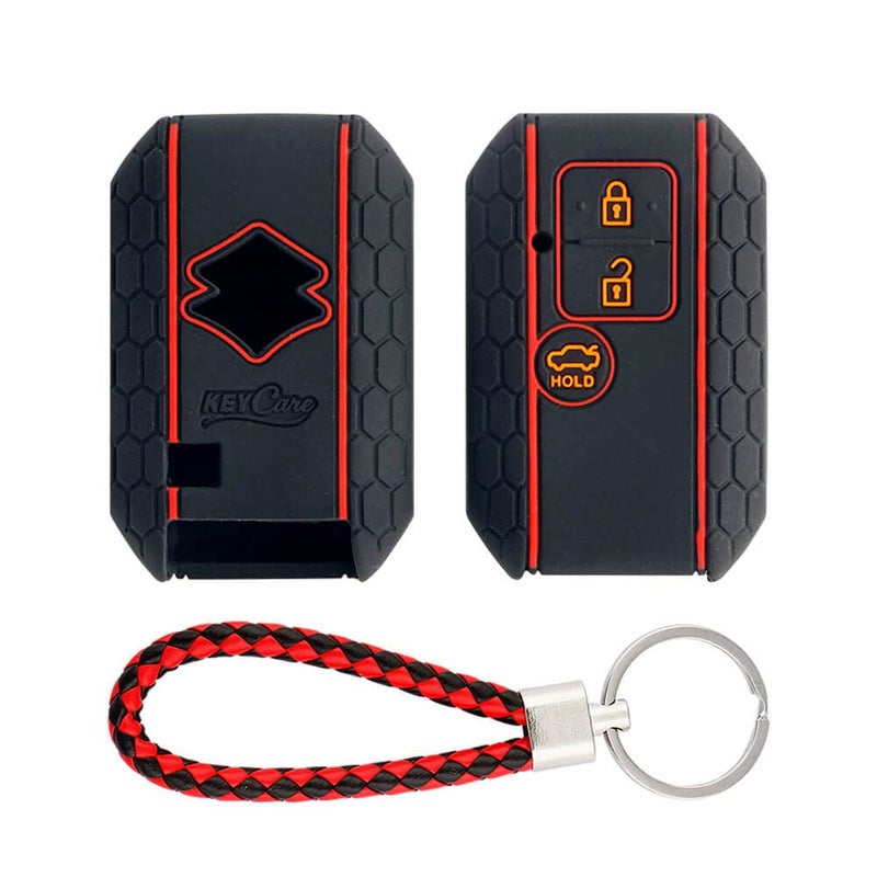 KCARE ® Silicone Key Cover Compatible for Victoris, Ertiga, Swift, DZire 3 Button Smart Key (Push Button Start Models only) (KC Mini Red/Black Keyring) - Image 1