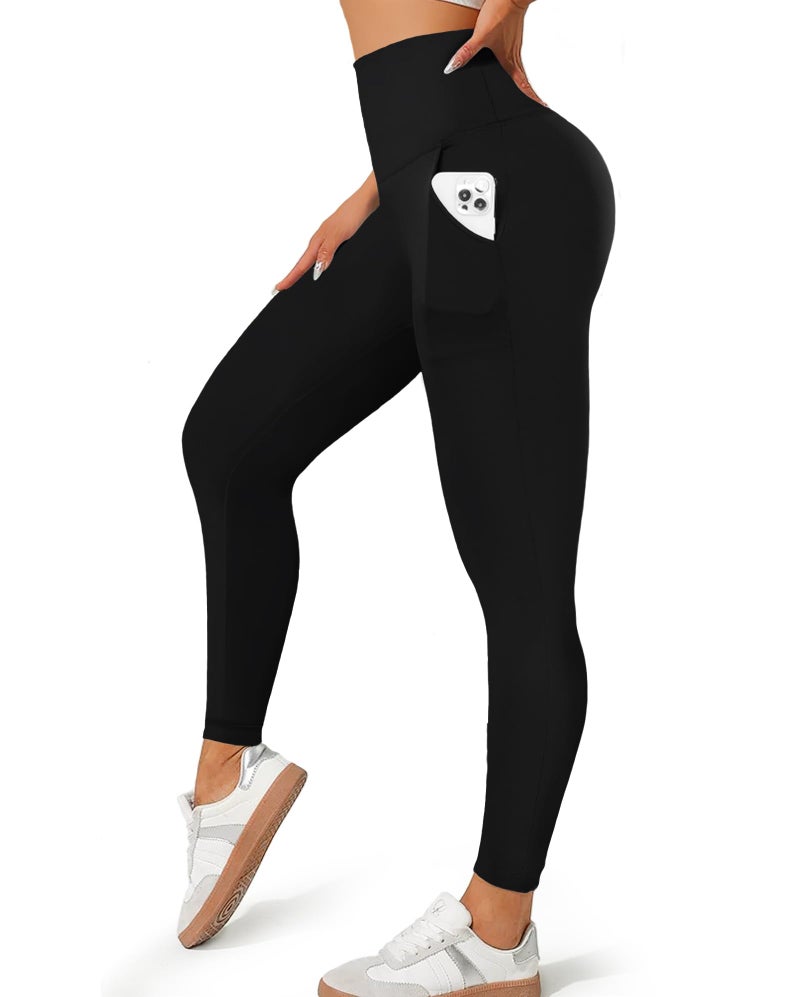 MOREFEEL Leggings with Pockets for Women, High Waisted Tummy Control Workout Black Hip Lift Yoga Pants Activewear - Image 1