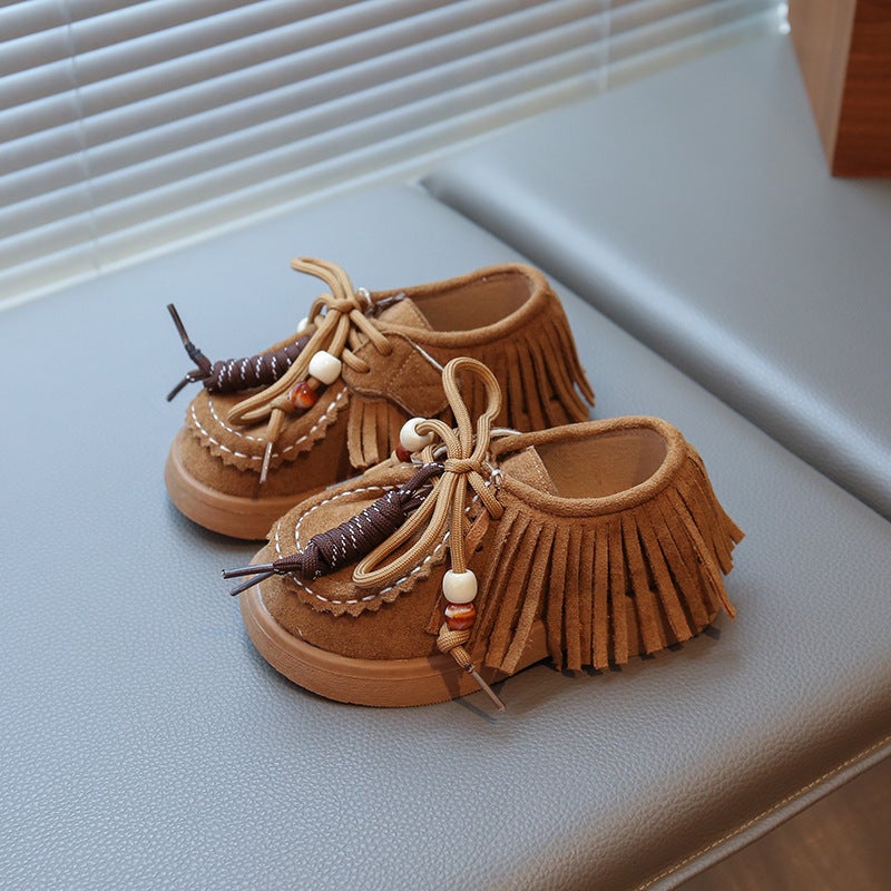 Girls'' Retro Tassel Birkenstock Shoes 2026 Spring and Autumn Kids British Style Little Girl Soft-Soled Suede Loafers Trendy - Image 1