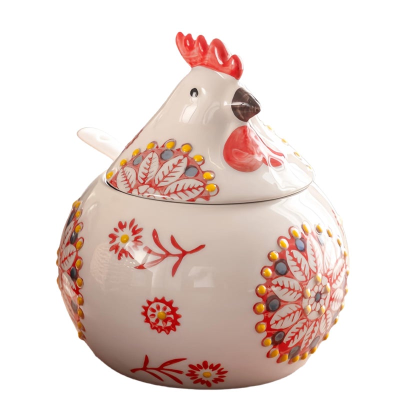 Frezonika Ceramic Salt Cellar with Lid and Spoon, 13 OZ Large Chicken Salt Jar, Salt Holder for Counter, Coffee, Sugar, Spices and Candies, Salt Containers for Countertop (Red) - Image 1