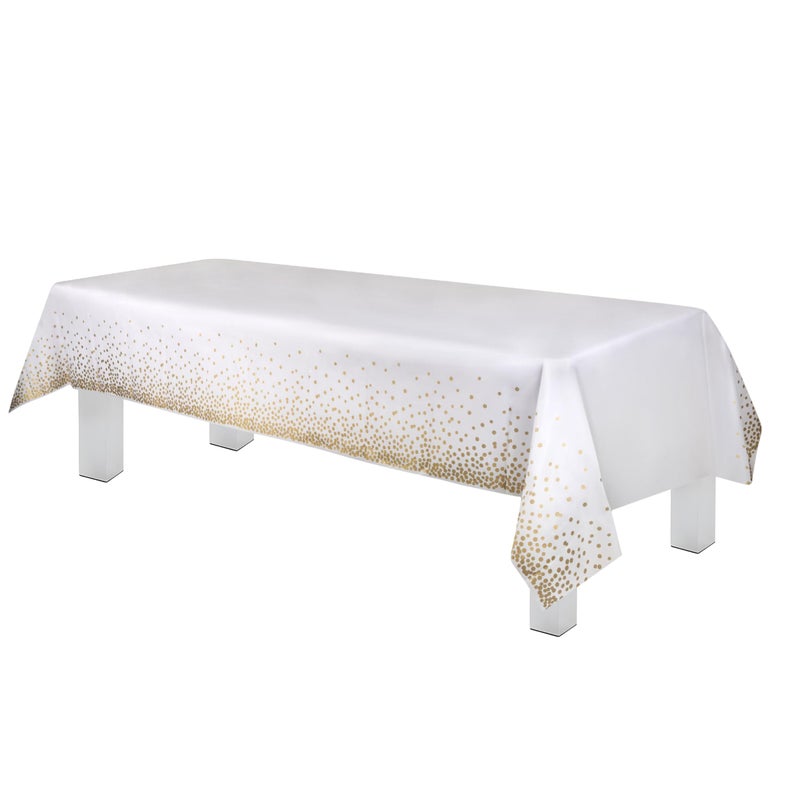 Grandipity Gold Dot on White 6 Pack Premium Disposable Plastic Tablecloth 54 Inch x 108 Inch Decorative Rectangle Table Cover