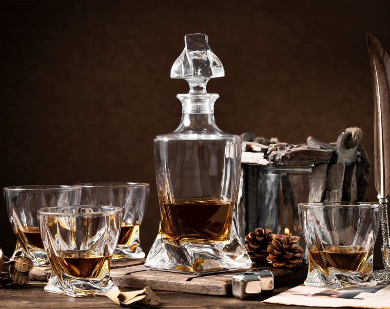 Verolux Whiskey Gifts for Men, Whiskey Decanter Set with 4 Glasses in Gift Box by Verolux | Elegant Twisted Design with Glass Stopper - Liquor, Bourbon, Brandy, Gin, Rum, Tequila, Vodka, Cognac - Image 1