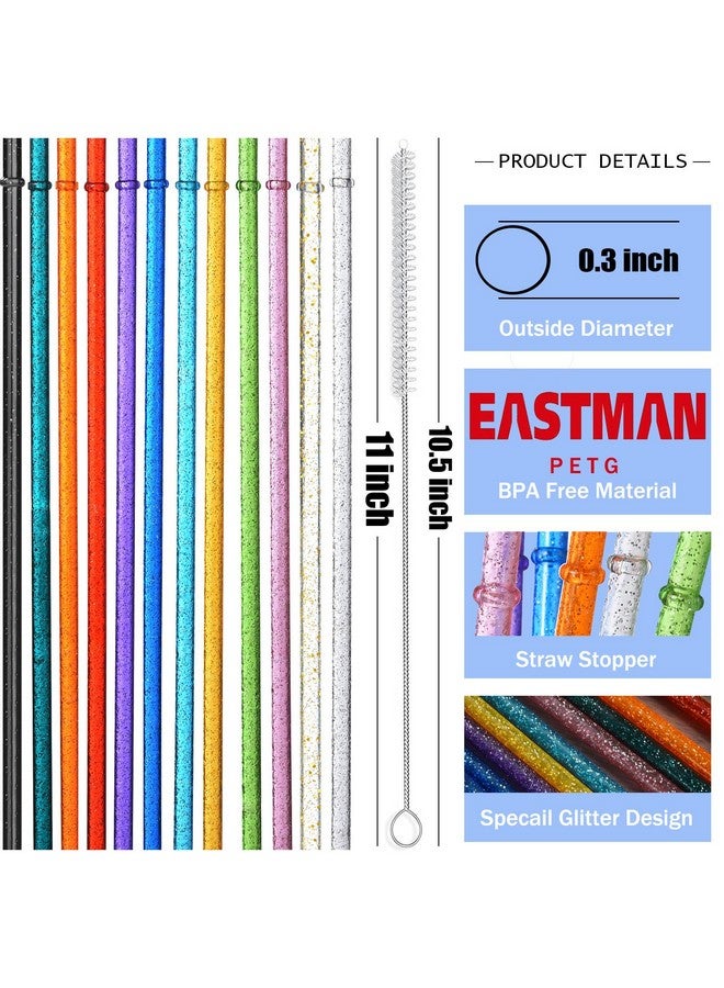ALINK ALINK 12-Pack Glitter Reusable Clear Plastic Straws, 11" Long Hard Tumbler Replacement Drinking Straws for 16 OZ 20 OZ 30 OZ Stanley, YETI, Starbucks Tumblers with Cleaning Brush - Image 2