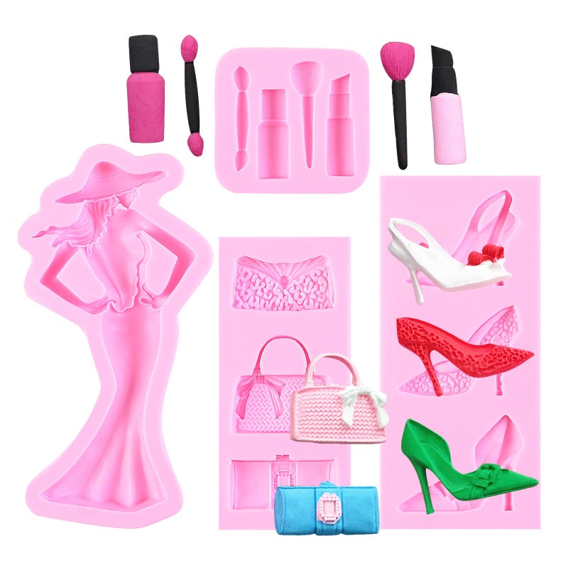 muyulin Makeup Chocolate Molds for Cake Decoration 4 Packs High Heel Shoe Mold Fashion Lady Lipstick Decorations Handbag Purses Silicone Cupcake Topper Birthday Party Clay Soap 