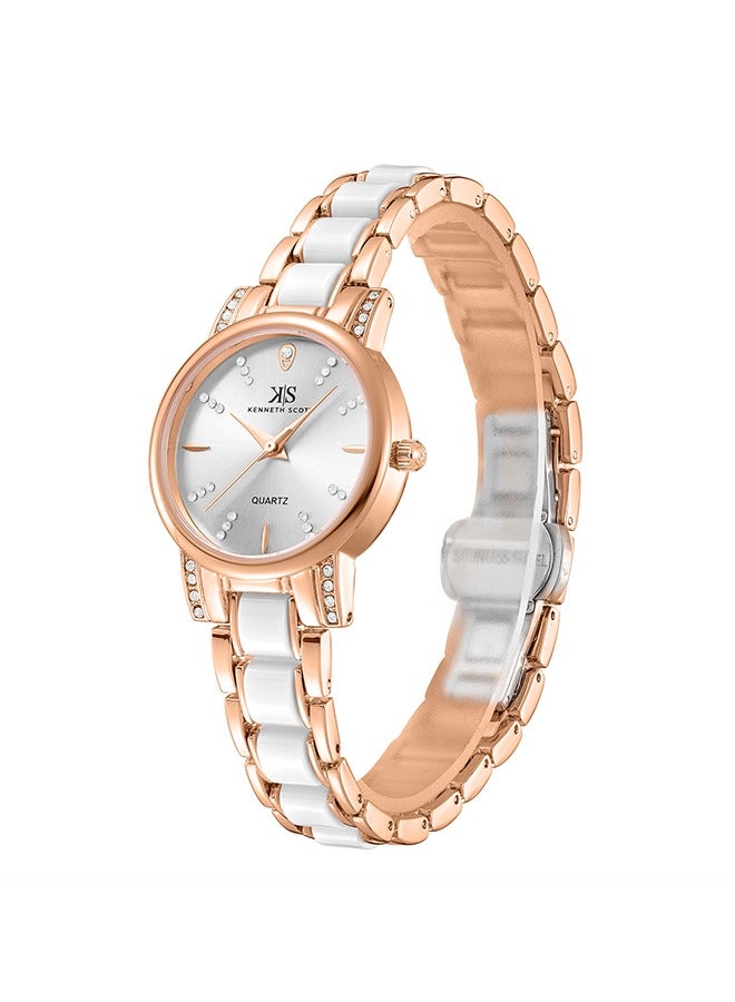 Kenneth Scott K23547-KCWW Women Analog Display Watch & Ceramic Strap Rose Gold and White - Image 2