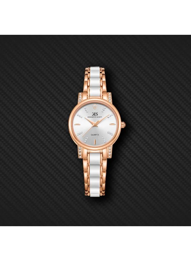 Kenneth Scott white Kenneth Scott K23547-KCWW Women Analog Display Watch & Ceramic Strap Rose Gold and White for Women | Best Price UAE