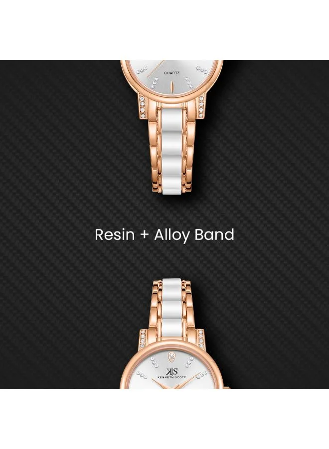Kenneth Scott white Kenneth Scott K23547-KCWW Women Analog Display Watch & Ceramic Strap Rose Gold and White for Women | Best Price UAE