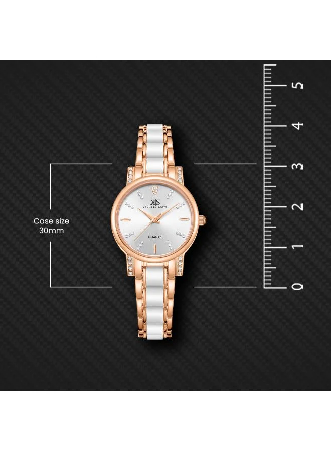 Kenneth Scott white Kenneth Scott K23547-KCWW Women Analog Display Watch & Ceramic Strap Rose Gold and White for Women | Best Price UAE