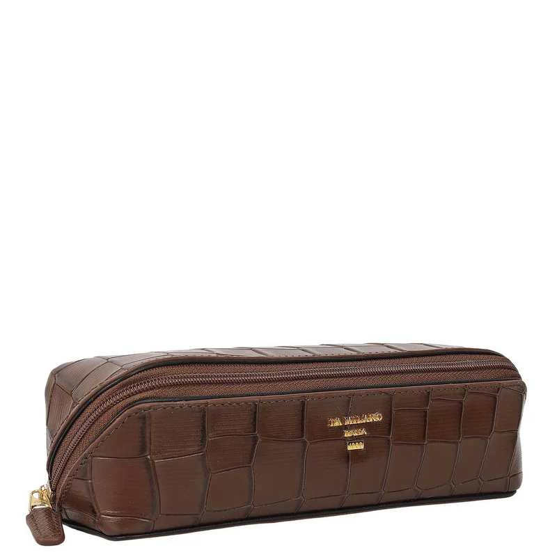 Da Milano Da Milano Women's Croco-Embossed Leather Travel Multi Pouch - Walnut (MP-10035C)