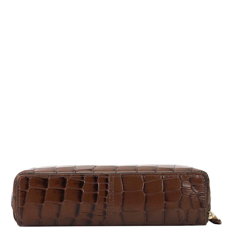 Da Milano Da Milano Women's Croco-Embossed Leather Travel Multi Pouch - Walnut (MP-10035C)