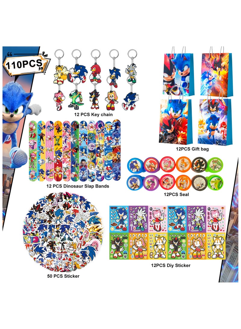ILovhaprty Sonic Party Favors for 12 Guests, 110 Pcs Sonic Birthday Party Favors Set - Sonic Gift Bags Key Chains Stickers Slap Bands Seals etc Sonic Party Supplies for Sonic Birthday Decorations - Image 2