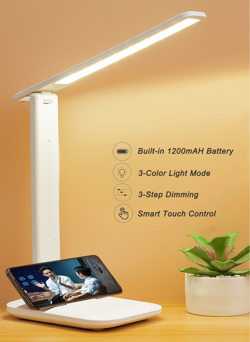 Eye-Caring Rechargeable LED Desk Lamp – 3-Level Adjustable Brightness & Color, Foldable Design with Phone Holder, Flicker-Free & Low Blue Light for Home/Office (White)  - Image 2