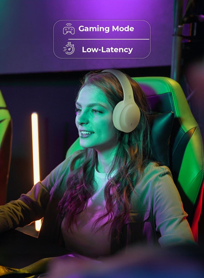 porodo Primo Wireless Headphone with ENC & Low-Latency / Voice Assistant / Transmission Distance: ≥15M / Recharge Time: 1.5H / Gaming Mode / Powerful Bass / Crisp Treble - Beige - Image 4