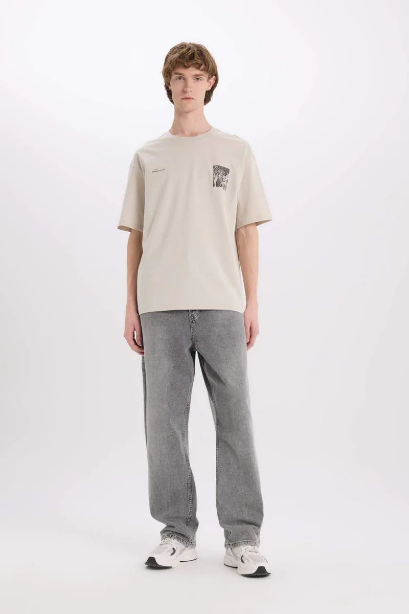 ديفاكتو Cotton Boxy Fit Crew Neck Back Printed T-Shirt