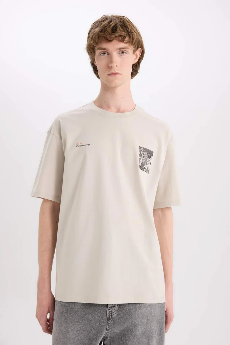 DeFacto Cotton Boxy Fit Crew Neck Back Printed T-Shirt