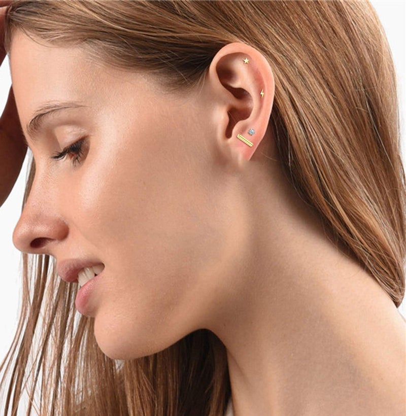 Staligue Flat Back Earrings Hypoallergenic,18 Pairs Stainless Steel Flat Back Stud Earrings for Women Men 20G Star Moon Heart Disc Ball CZ Cartilage Earrings Screw Back Flatback Earrings for Sensitive Ears - Image 5