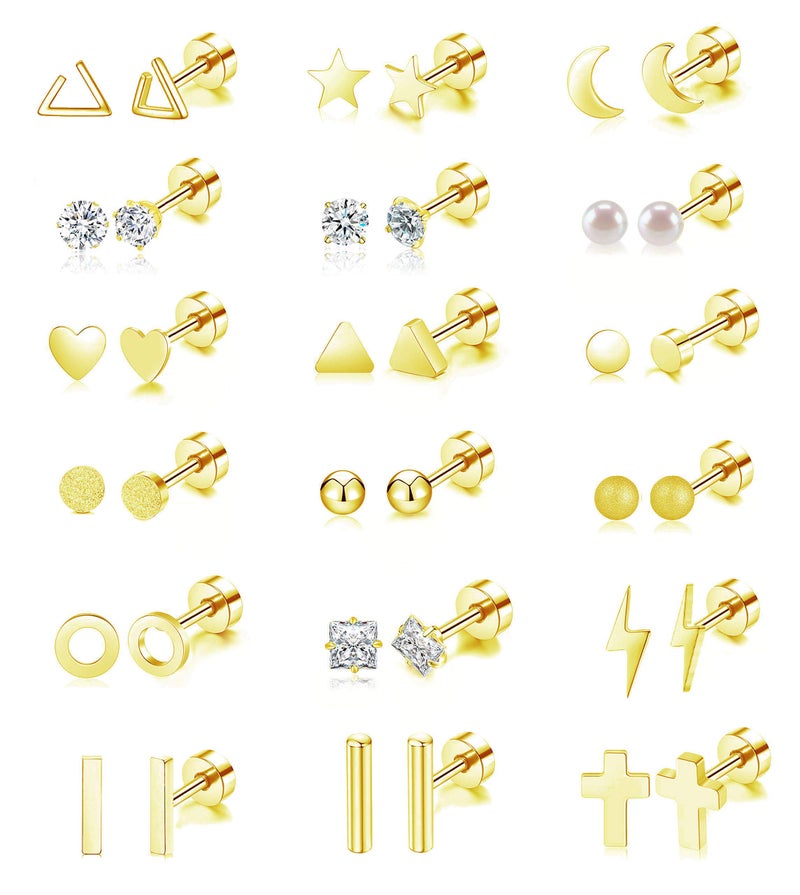 Staligue Flat Back Earrings Hypoallergenic,18 Pairs Stainless Steel Flat Back Stud Earrings for Women Men 20G Star Moon Heart Disc Ball CZ Cartilage Earrings Screw Back Flatback Earrings for Sensitive Ears - Image 1